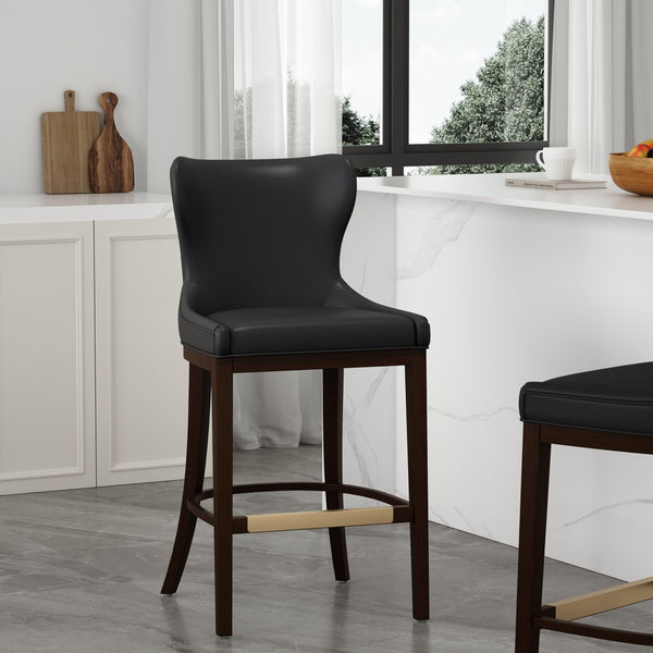 Manhattan Comfort Blair Leatherette Barstool With Beech Wood Legs And Gold Footrest For Stylish Comfort And Elegance Black Beech Wood Bs023-bk
