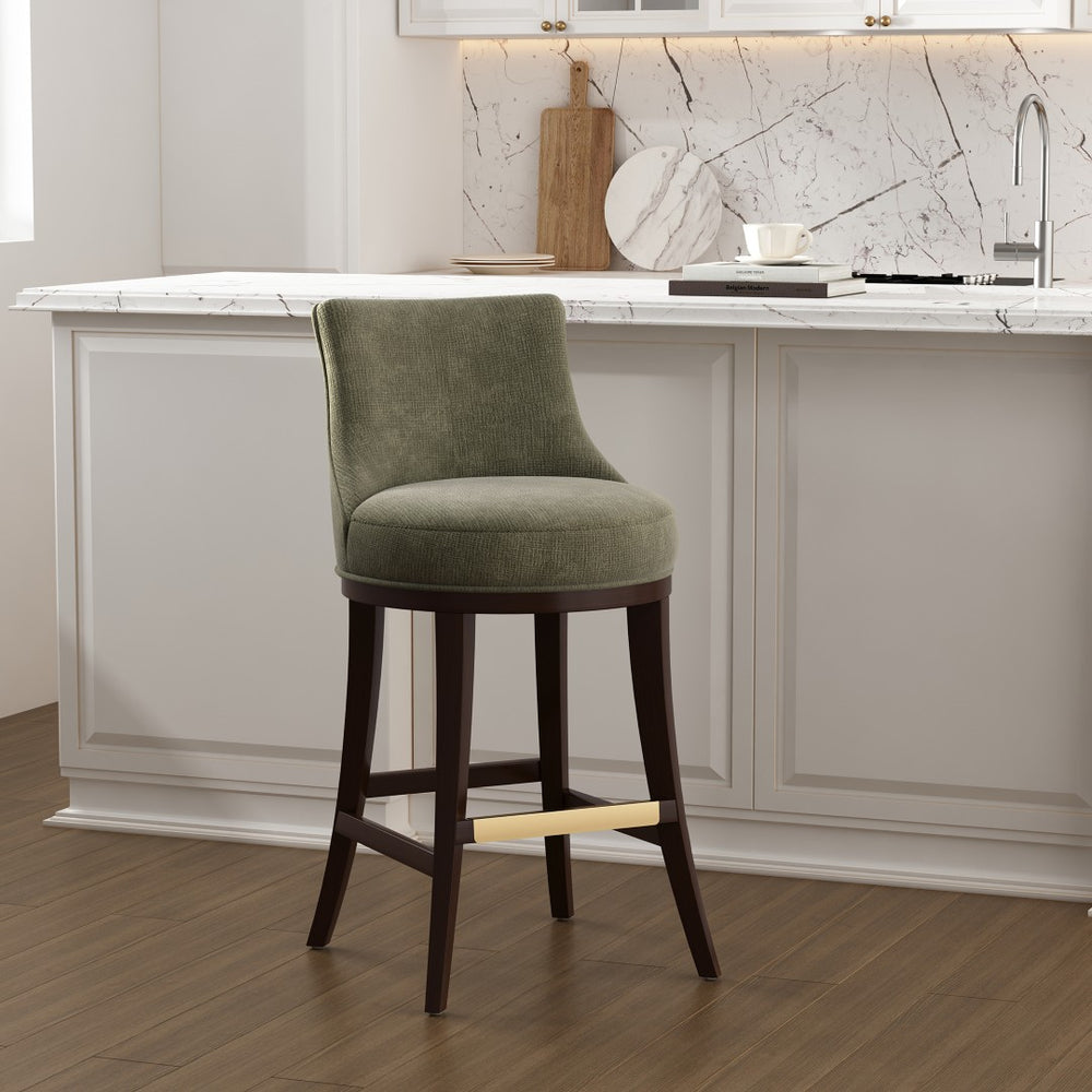 Manhattan Comfort Lucia Chenille Barstool With Curved Backrest And Elegant Gold Footrest For Timeless Comfort Leaf Green Beech Wood Bs025-gr