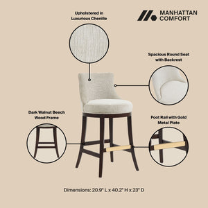 Manhattan Comfort Lucia Chenille Barstool With Curved Backrest And Elegant Gold Footrest For Timeless Comfort Natural Beech Wood Bs025-na