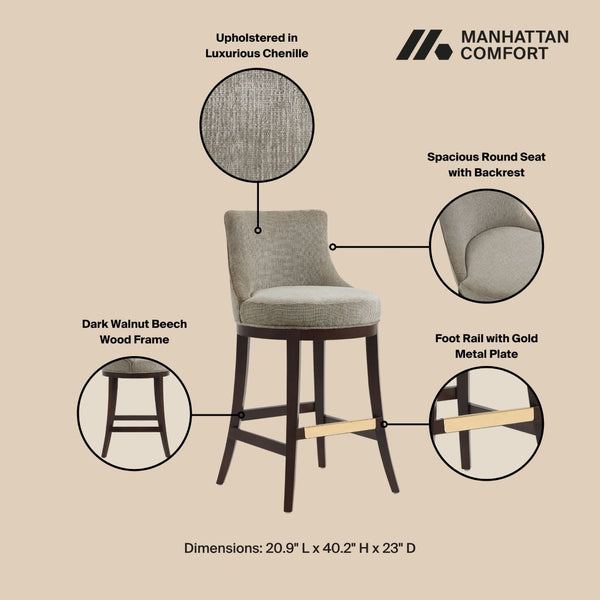 Manhattan Comfort Lucia Chenille Barstool With Curved Backrest And Elegant Gold Footrest For Timeless Comfort Taupe Beech Wood Bs025-tp