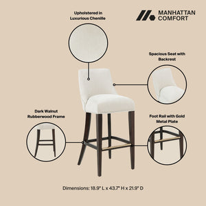 Manhattan Comfort Beever Chenille Barstool - Elegant Mid-century Design With Rubberwood Legs For Style & Comfort Cream Rubberwood Bs027-cr
