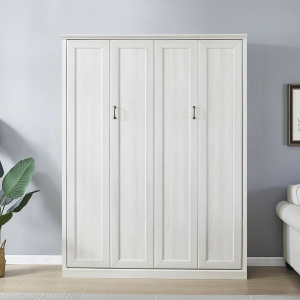 English Elm Queen Wall Murphy Bed Cabinet Rustic White Finish Space Saving Guest Room Home Office BS531473AAK