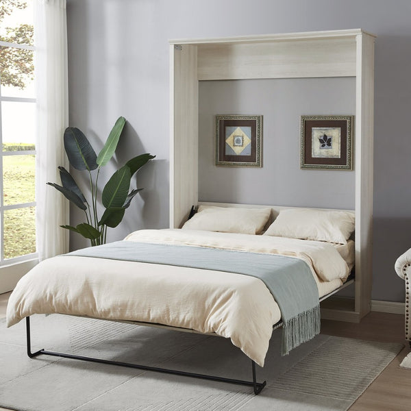 English Elm Queen Wall Murphy Bed Cabinet Rustic White Finish Space Saving Guest Room Home Office BS531473AAK