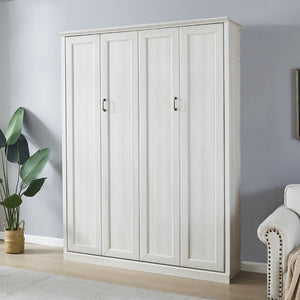 English Elm Queen Wall Murphy Bed Cabinet Rustic White Finish Space Saving Guest Room Home Office BS531473AAK