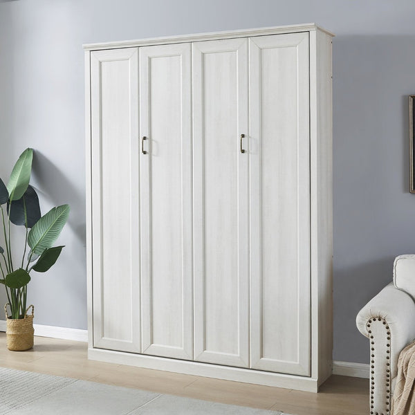 English Elm Queen Wall Murphy Bed Cabinet Rustic White Finish Space Saving Guest Room Home Office BS531473AAK