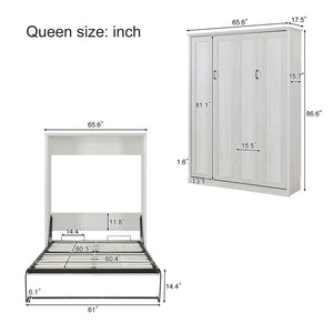 English Elm Queen Wall Murphy Bed Cabinet Rustic White Finish Space Saving Guest Room Home Office BS531473AAK