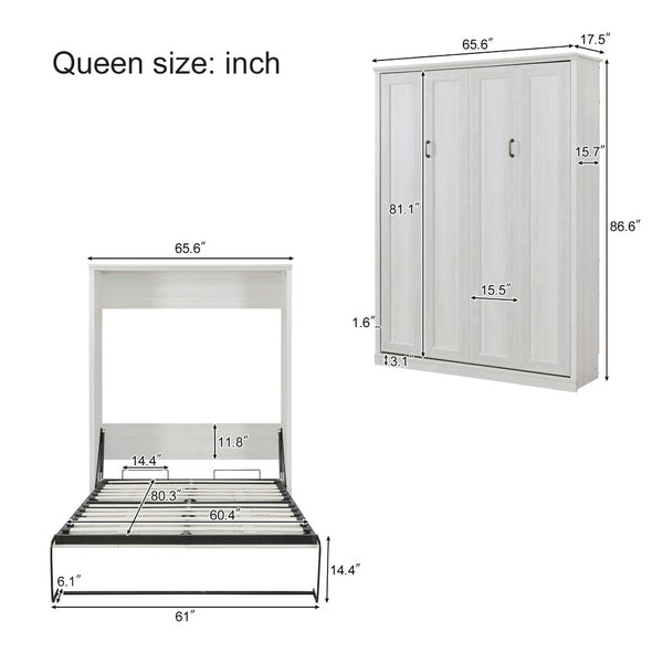 English Elm Queen Wall Murphy Bed Cabinet Rustic White Finish Space Saving Guest Room Home Office BS531473AAK