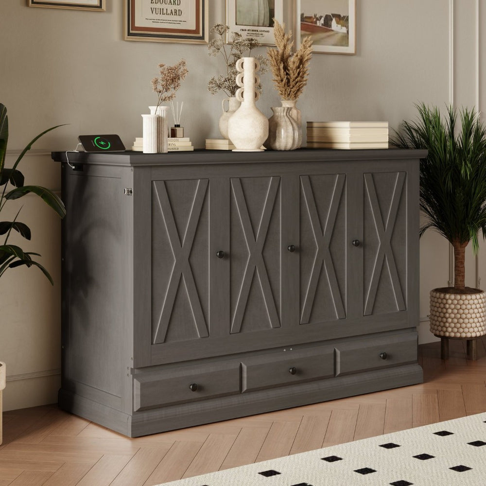 English Elm Farmhouse Pine Cabinet Bed with Charging Station and Rolling Storage Drawer for Small Spaces BS701P170501E
