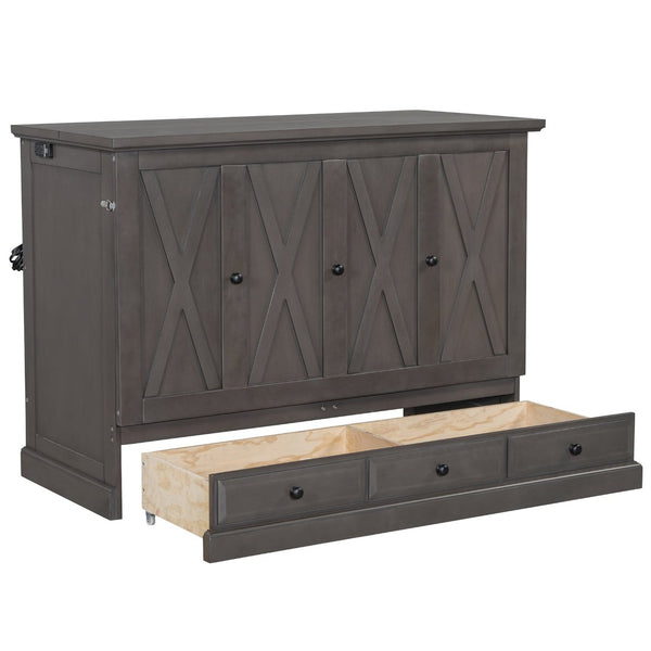 English Elm Farmhouse Pine Cabinet Bed with Charging Station and Rolling Storage Drawer for Small Spaces BS701P170501E