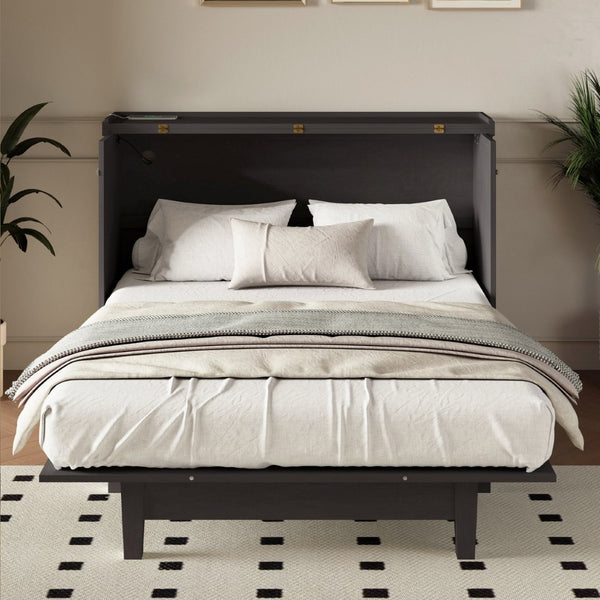 English Elm Farmhouse Pine Cabinet Bed with Charging Station and Rolling Storage Drawer for Small Spaces BS701P170501E