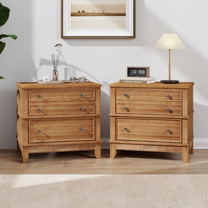 English Elm Hazel Farmhouse Wood Nightstand Set of 2 with 3 Drawers and Natural Washed Finish BS701P183796D