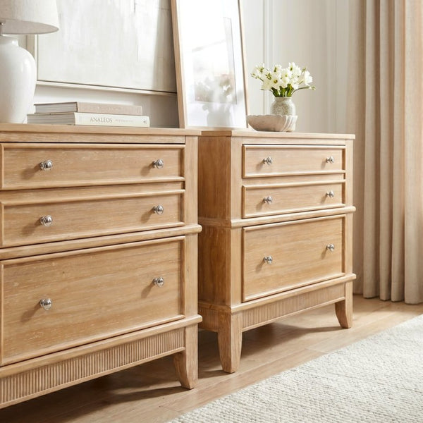 English Elm Hazel Farmhouse Wood Nightstand Set of 2 with 3 Drawers and Natural Washed Finish BS701P183796D