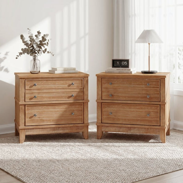 English Elm Hazel Farmhouse Wood Nightstand Set of 2 with 3 Drawers and Natural Washed Finish BS701P183796D