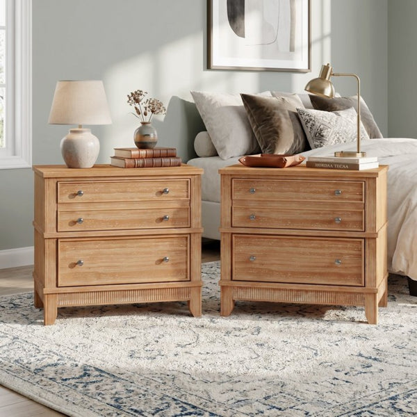 English Elm Hazel Farmhouse Wood Nightstand Set of 2 with 3 Drawers and Natural Washed Finish BS701P183796D