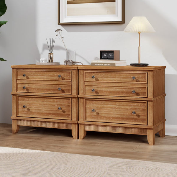 English Elm Hazel Farmhouse Wood Nightstand Set of 2 with 3 Drawers and Natural Washed Finish BS701P183796D