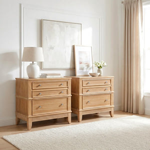 English Elm Hazel Farmhouse Wood Nightstand Set of 2 with 3 Drawers and Natural Washed Finish BS701P183796D