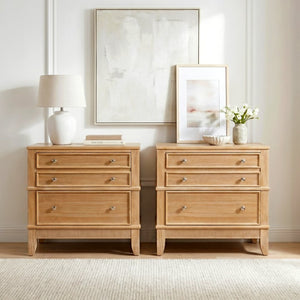 English Elm Hazel Farmhouse Wood Nightstand Set of 2 with 3 Drawers and Natural Washed Finish BS701P183796D