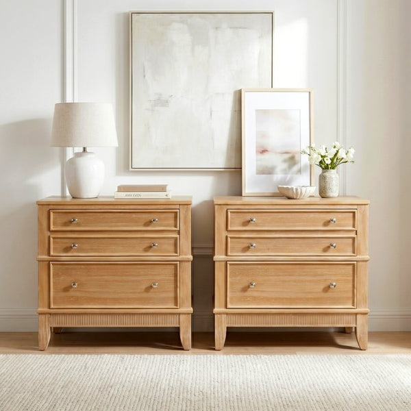 English Elm Hazel Farmhouse Wood Nightstand Set of 2 with 3 Drawers and Natural Washed Finish BS701P183796D
