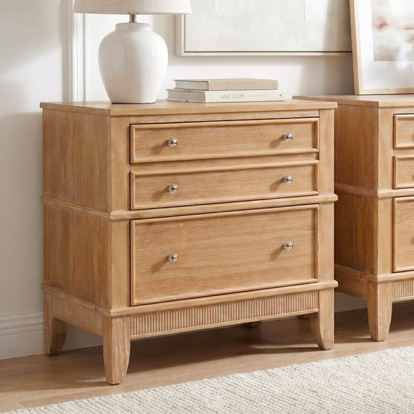 English Elm Hazel Farmhouse Wood Nightstand Set of 2 with 3 Drawers and Natural Washed Finish BS701P183796D