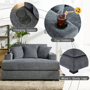 English Elm 55" Oversized Chenille Chaise Lounger with Built-in Charging Station and Cup Holders BS701P191500B