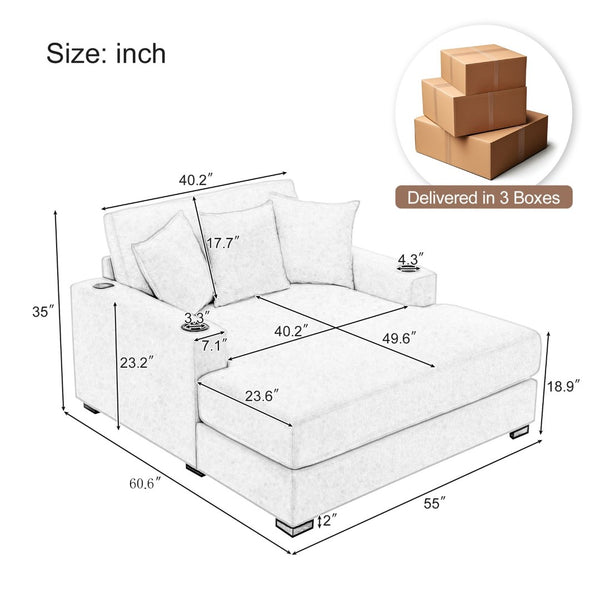 English Elm 55" Oversized Chenille Chaise Lounger with Built-in Charging Station and Cup Holders BS701P191500B
