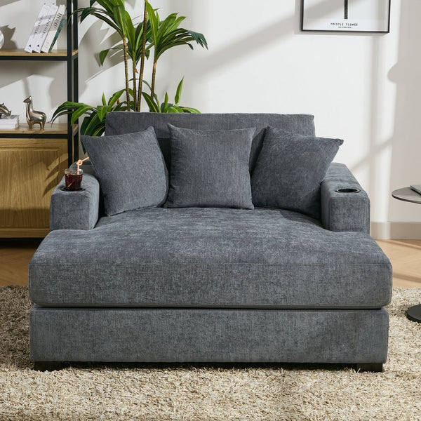 English Elm 55" Oversized Chenille Chaise Lounger with Built-in Charging Station and Cup Holders BS701P191500B