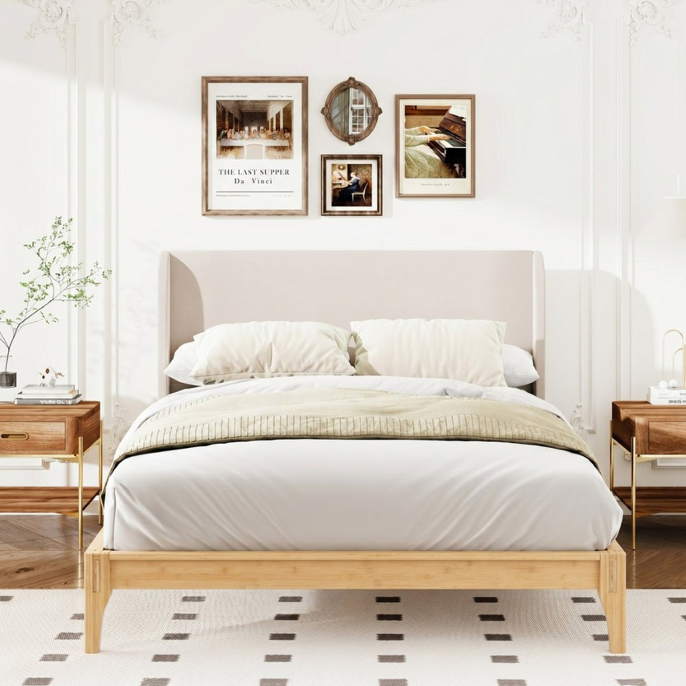 English Elm Queen Solid Bamboo Platform Bed with Tall Linen Upholstered Headboard for Japandi Bedroom Natural BS701P192138N