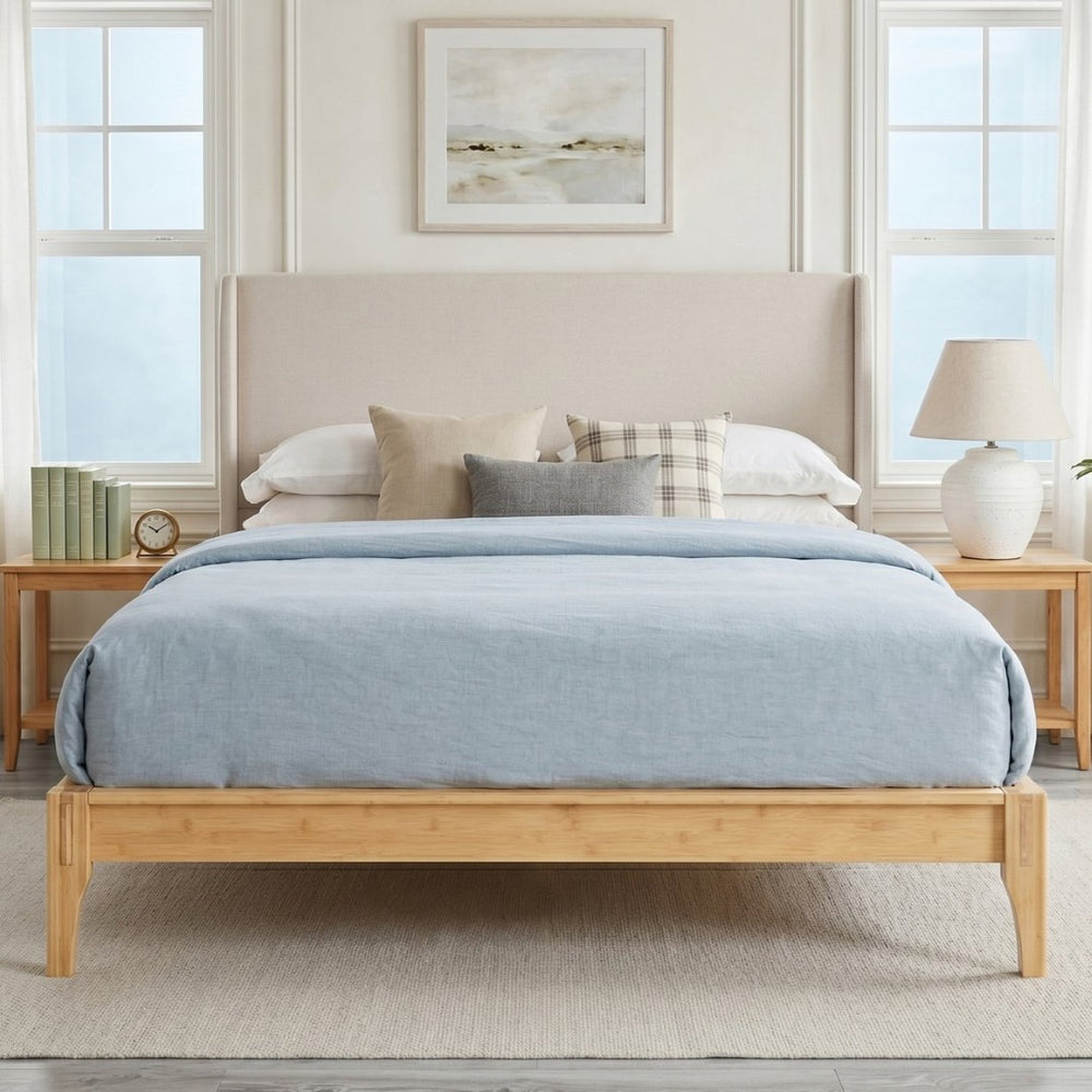 English Elm Queen Solid Bamboo Platform Bed with Tall Linen Upholstered Headboard for Japandi Bedroom Natural BS701P192138N