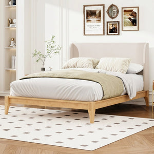 English Elm Queen Solid Bamboo Platform Bed with Tall Linen Upholstered Headboard for Japandi Bedroom Natural BS701P192138N