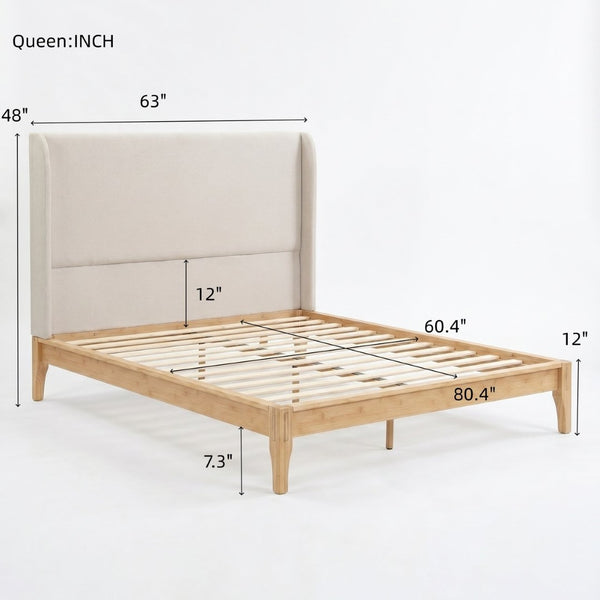 English Elm Queen Solid Bamboo Platform Bed with Tall Linen Upholstered Headboard for Japandi Bedroom Natural BS701P192138N