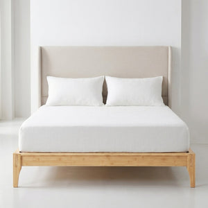 English Elm Queen Solid Bamboo Platform Bed with Tall Linen Upholstered Headboard for Japandi Bedroom Natural BS701P192138N