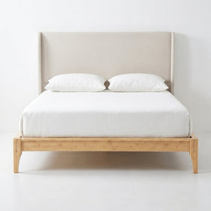 English Elm Queen Solid Bamboo Platform Bed with Tall Linen Upholstered Headboard for Japandi Bedroom Natural BS701P192138N