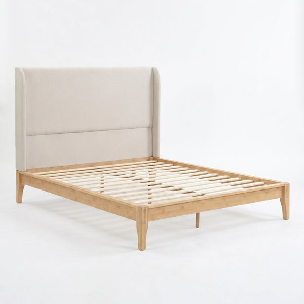 English Elm Queen Solid Bamboo Platform Bed with Tall Linen Upholstered Headboard for Japandi Bedroom Natural BS701P192138N