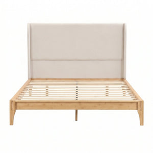 English Elm Queen Solid Bamboo Platform Bed with Tall Linen Upholstered Headboard for Japandi Bedroom Natural BS701P192138N