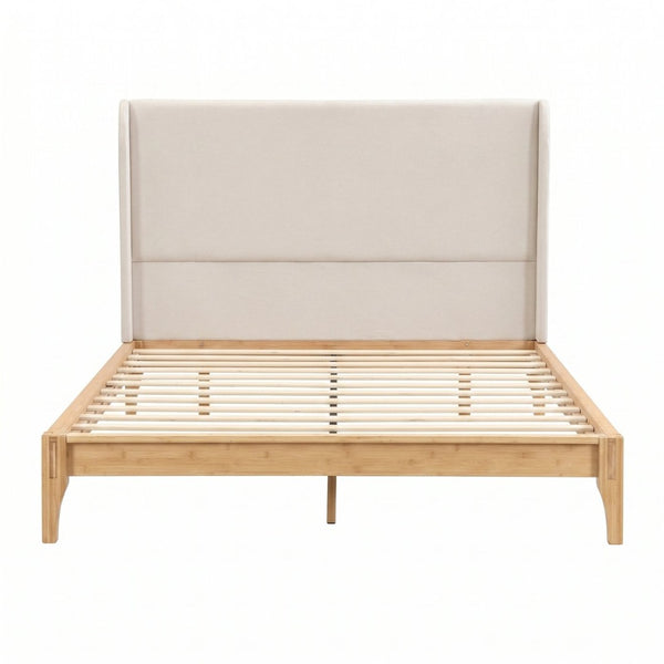English Elm Queen Solid Bamboo Platform Bed with Tall Linen Upholstered Headboard for Japandi Bedroom Natural BS701P192138N