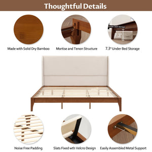 English Elm Queen Solid Bamboo Platform Bed with Tall Linen Upholstered Headboard for Japandi Bedroom Brown BS701P192138T