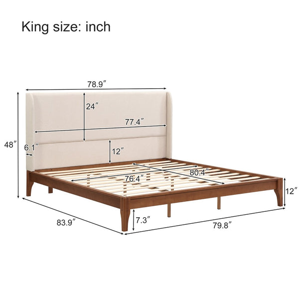 English Elm King Solid Bamboo Platform Bed with Tall Linen Upholstered Headboard for Natural Warmth BS701P192139T