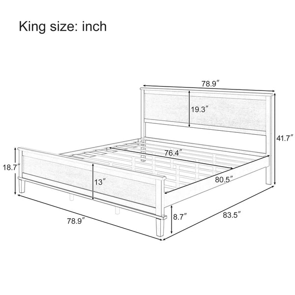 English Elm Mid-Century King Platform Bed Solid Pine Tapered Legs Wood Slat Foundation No Box Spring White BS701P193474K