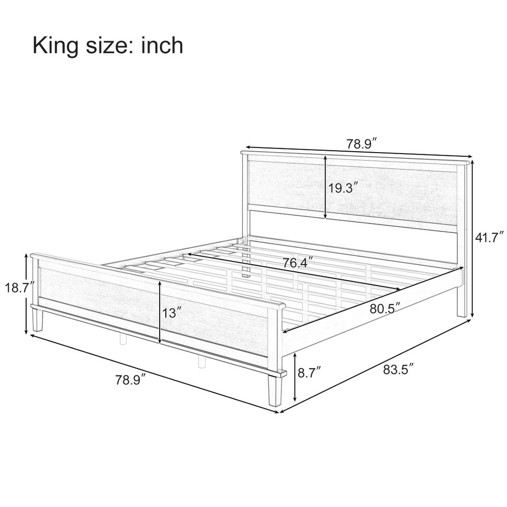 English Elm Mid-Century King Platform Bed Solid Pine Tapered Legs Wood Slat Foundation No Box Spring Seadrift BS701P193474N