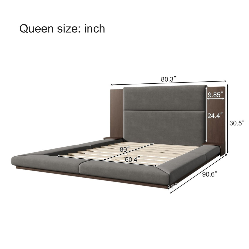 English Elm Floor Platform Bed Velvet Upholstered Frame with Built in Shelving Modern Queen BS701P194877E