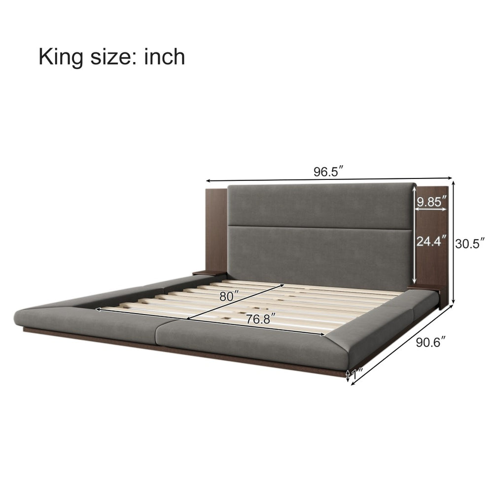 English Elm Floor Velvet King Platform Bed with Wood Headboard and Integrated Bedside Shelving BS701P194879E
