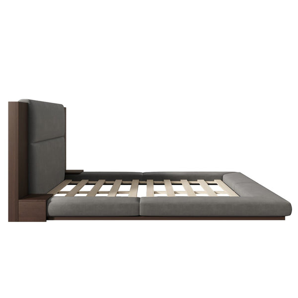 English Elm Floor Velvet King Platform Bed with Wood Headboard and Integrated Bedside Shelving BS701P194879E