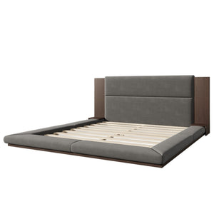 English Elm Floor Velvet King Platform Bed with Wood Headboard and Integrated Bedside Shelving BS701P194879E