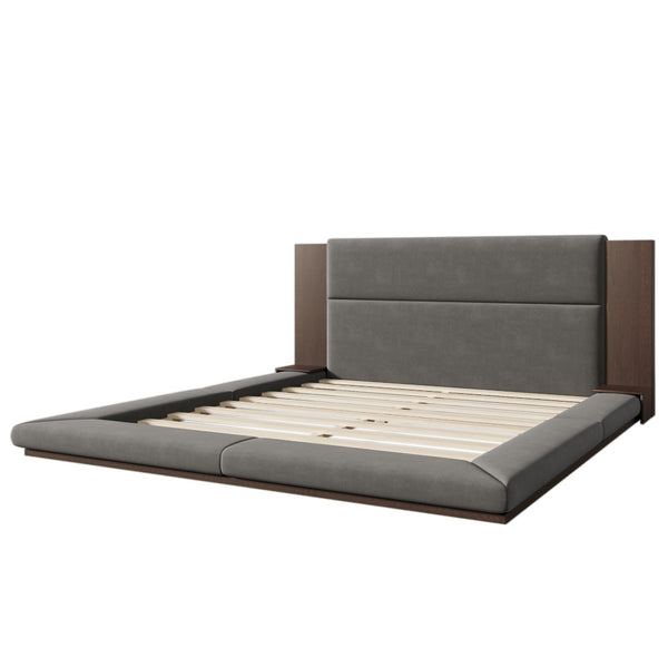 English Elm Floor Velvet King Platform Bed with Wood Headboard and Integrated Bedside Shelving BS701P194879E