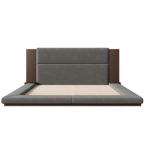 English Elm Floor Velvet King Platform Bed with Wood Headboard and Integrated Bedside Shelving BS701P194879E