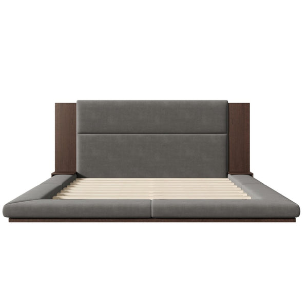 English Elm Floor Velvet King Platform Bed with Wood Headboard and Integrated Bedside Shelving BS701P194879E