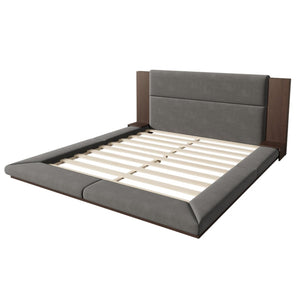 English Elm Floor Velvet King Platform Bed with Wood Headboard and Integrated Bedside Shelving BS701P194879E