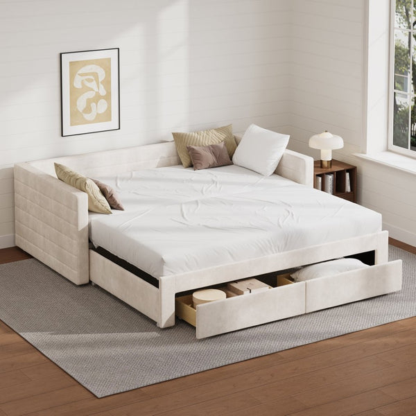 English Elm Twin Chenille Upholstered Daybed with Extendable Trundle and Storage for Guest Rooms Beige BS701P336253C
