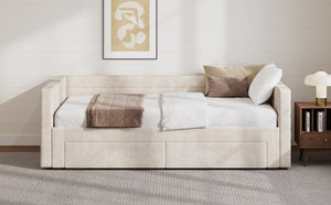 English Elm Twin Chenille Upholstered Daybed with Extendable Trundle and Storage for Guest Rooms Beige BS701P336253C
