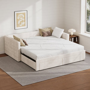 English Elm Twin Chenille Upholstered Daybed with Extendable Trundle and Storage for Guest Rooms Beige BS701P336253C